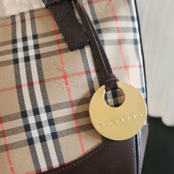 Burberry | Haymarket Check Printed Brown Leather Trim Mini Handle Bag-Like new! - Picture 10 of 15